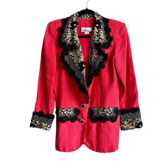 Vintage 80s/90s POPOF Linen Jacket Blazer Red, Black Lace, Padded, Gold Trim 5/6 - Picture 1 of 8